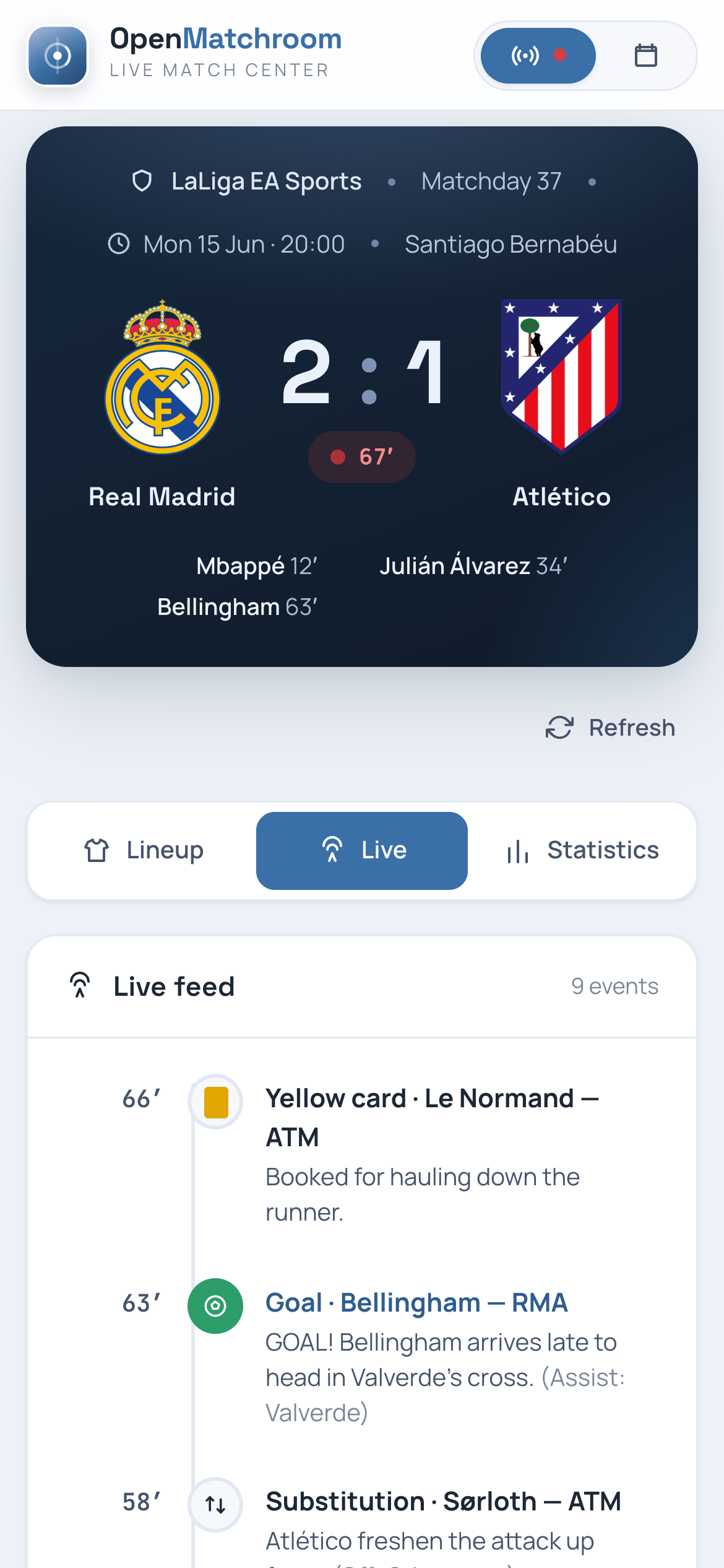 OpenMatchroom on a phone — live scoreboard and lineup